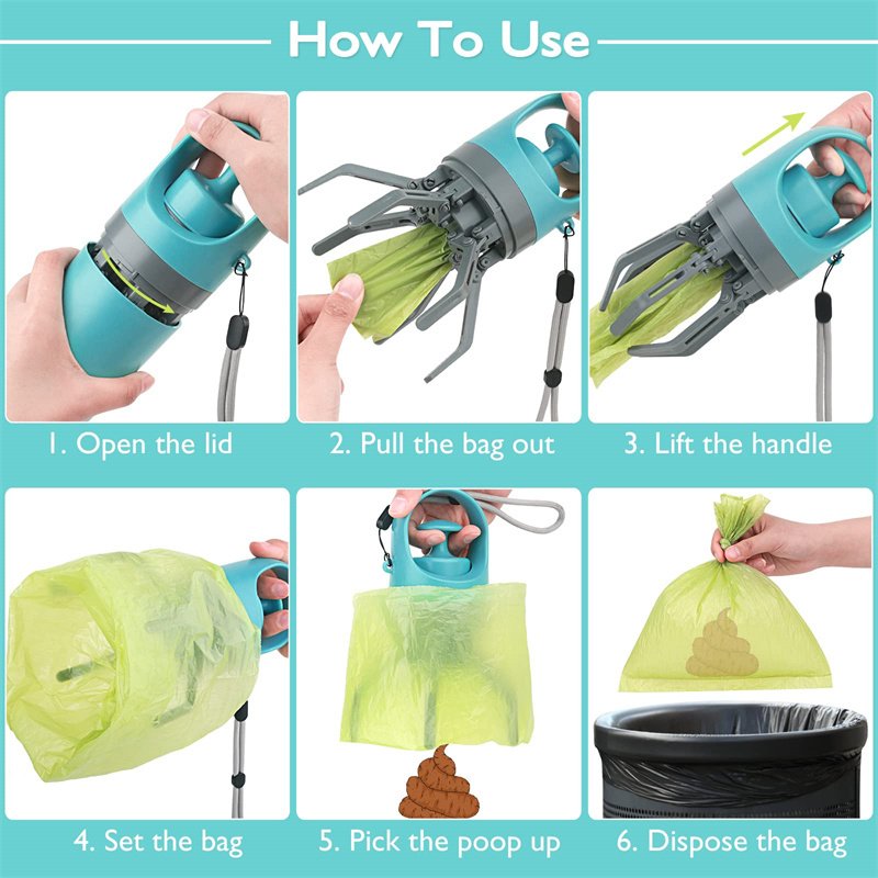 pince ramasse-crottes portable a griffes avec Distributeur de sacs – Image 4